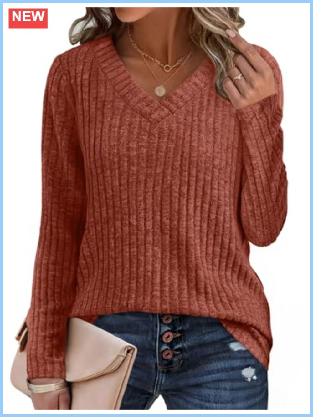 Sampeel Womens V Neck Long Sleeve Tunic Sweater Pullover Loose Casual Fall Top